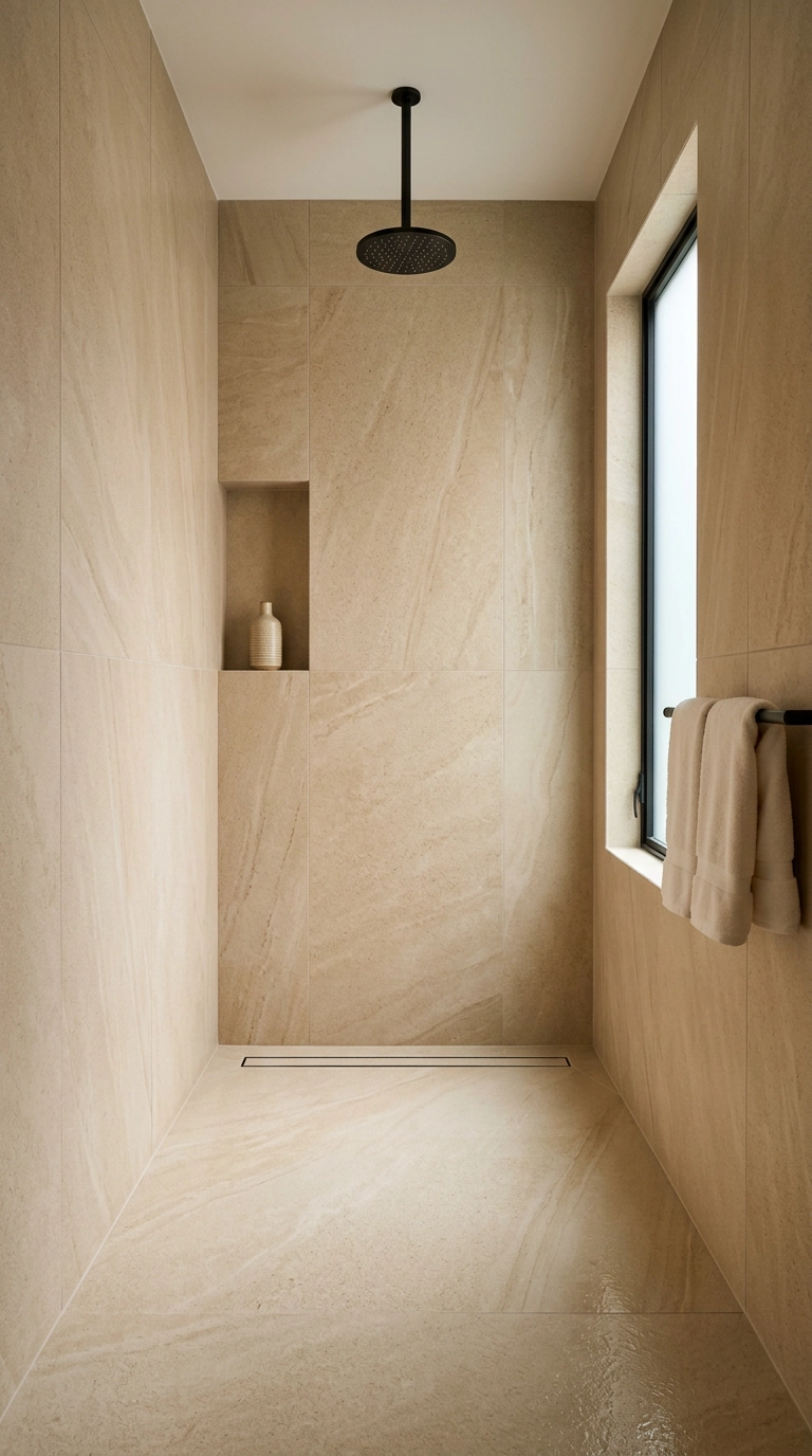 Wet room with floor-to-ceiling warm sandstone porcelain slabs and a linear drain