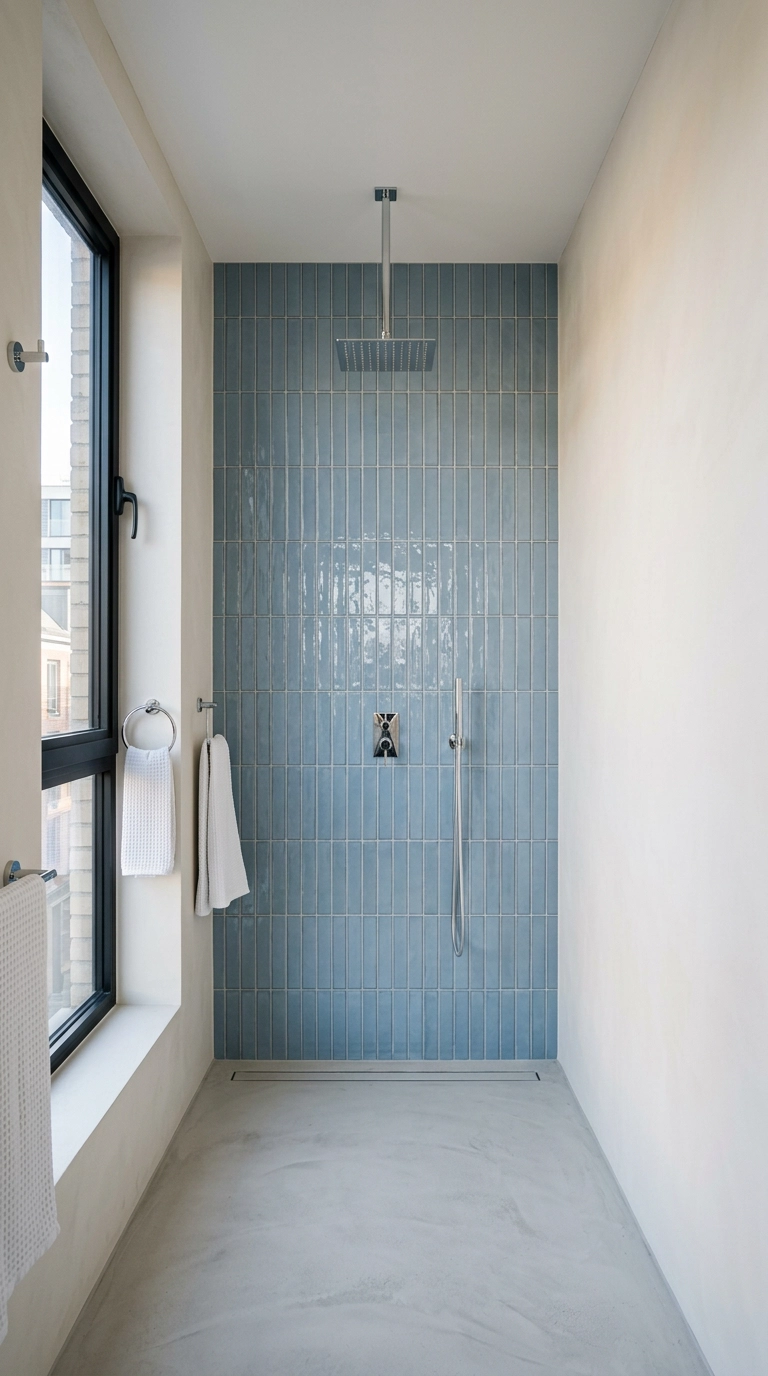 Dusty blue vertical finger mosaic feature wall in an open wet room