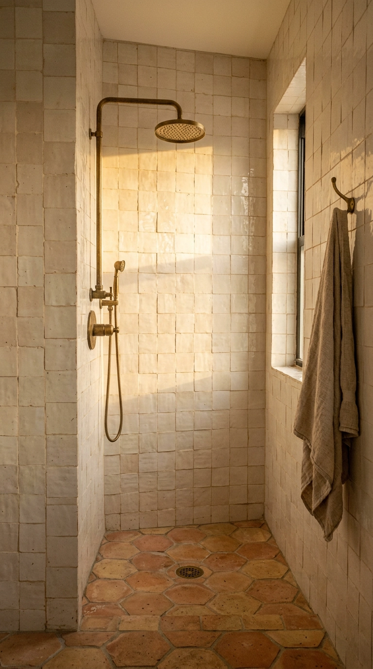 Creamy zellige-style tiled walls and terracotta floor in a small wet room