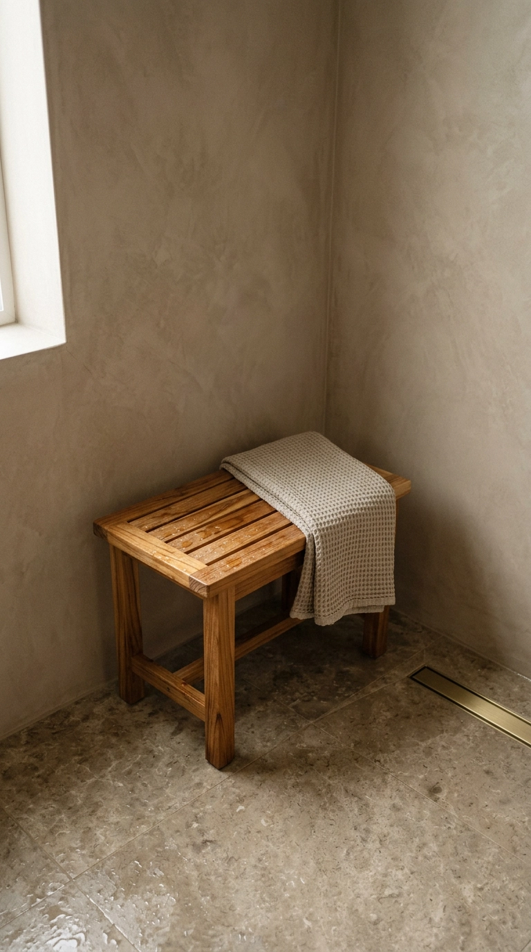 Teak slatted bench on a wet tiled floor in a taupe microcement wet room