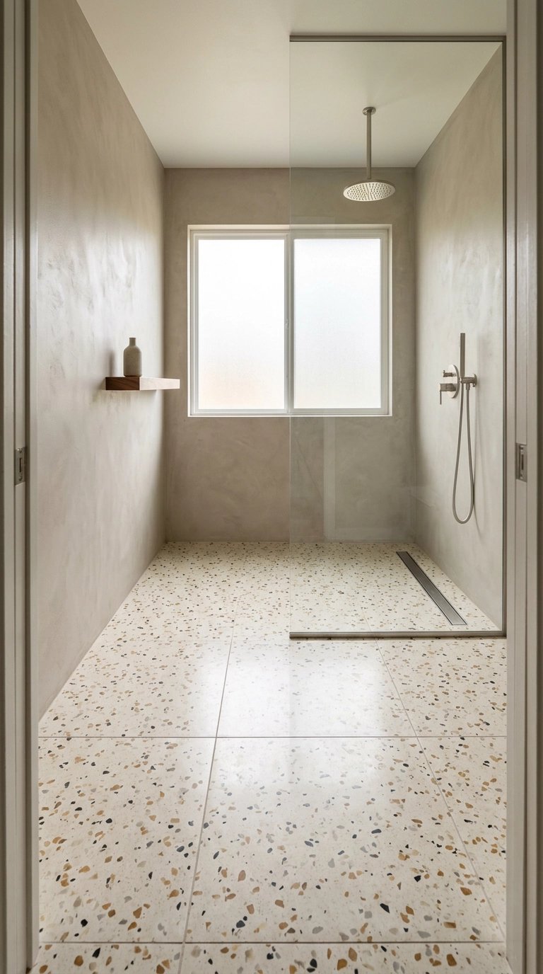 Warm cream terrazzo-look floor in a greige microcement wet room