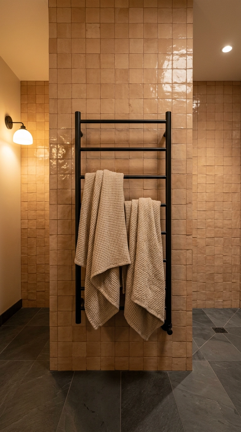 Black vertical heated towel rail with two towels on clay tile in a wet room