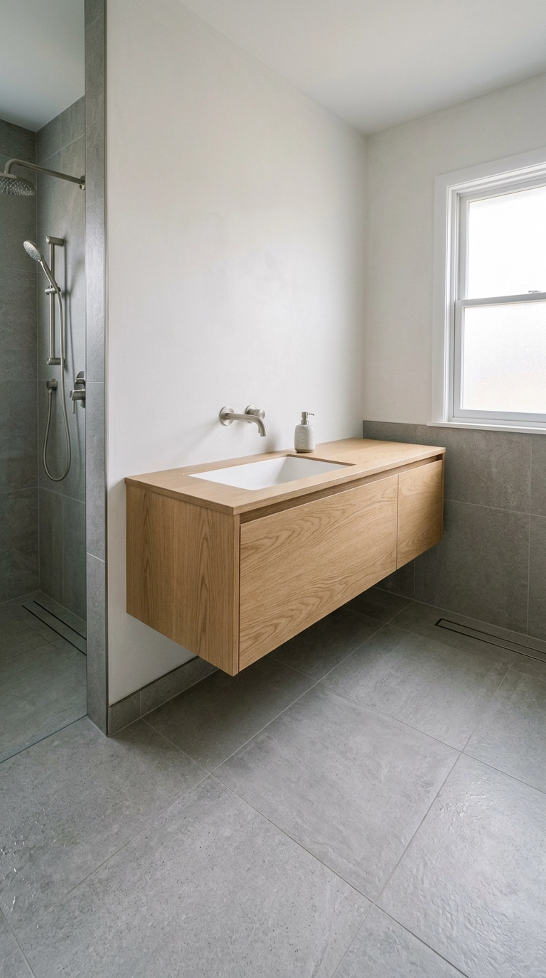 Floating white oak vanity above continuous grey tile flooring in a wet room