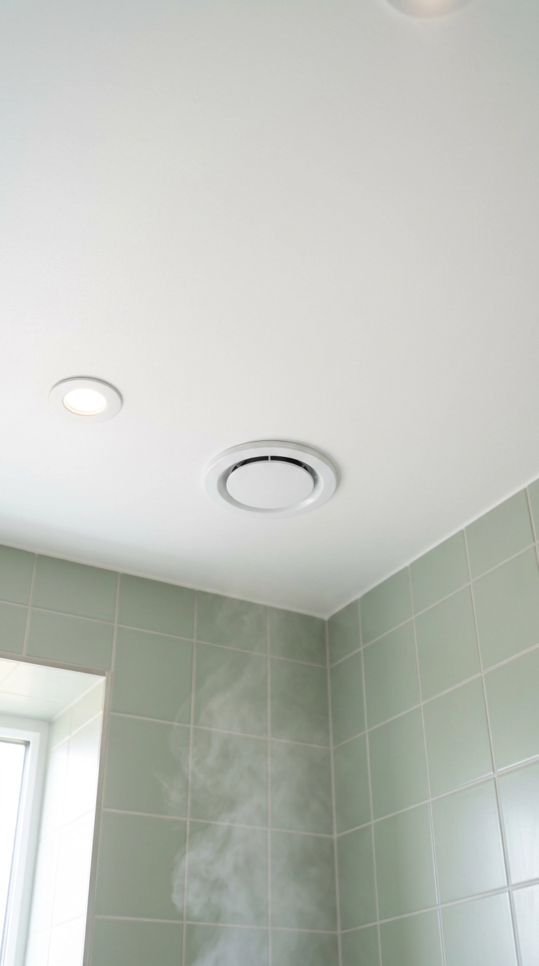 Flush ceiling extractor vent and downlight above sage tile in a wet room
