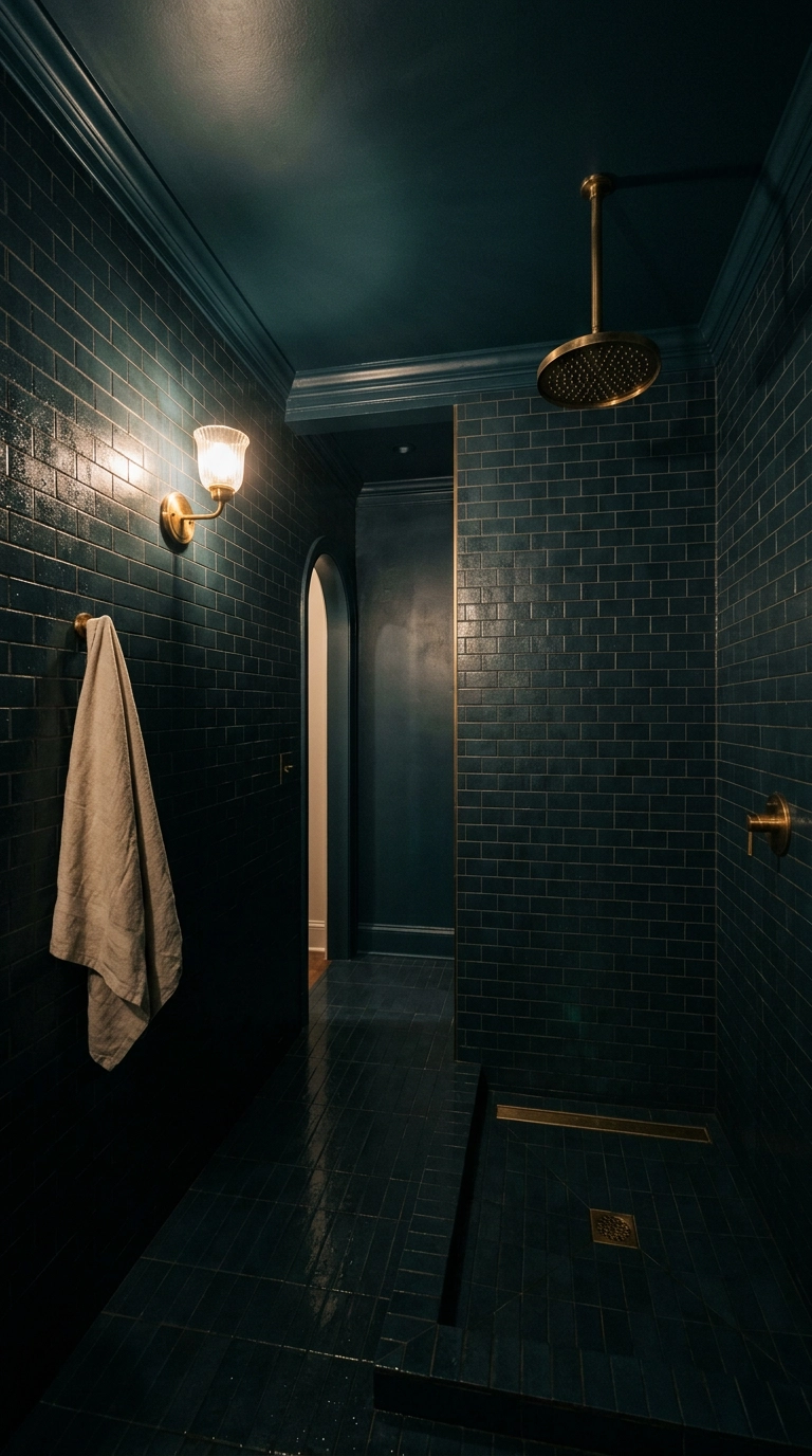 Wet room drenched in deep inky blue-green tile with a warm brass sconce