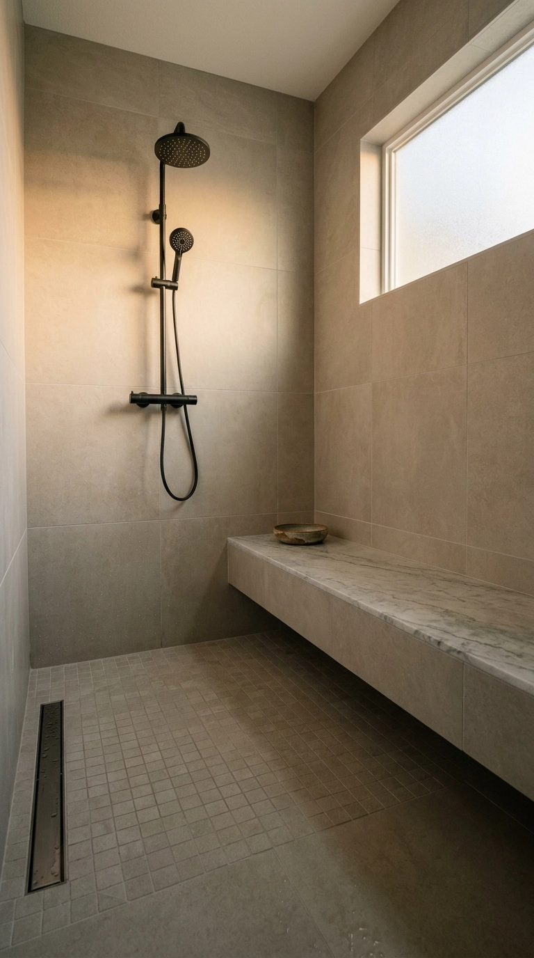 Built-in tiled bench with marble-look top in a warm greige wet room