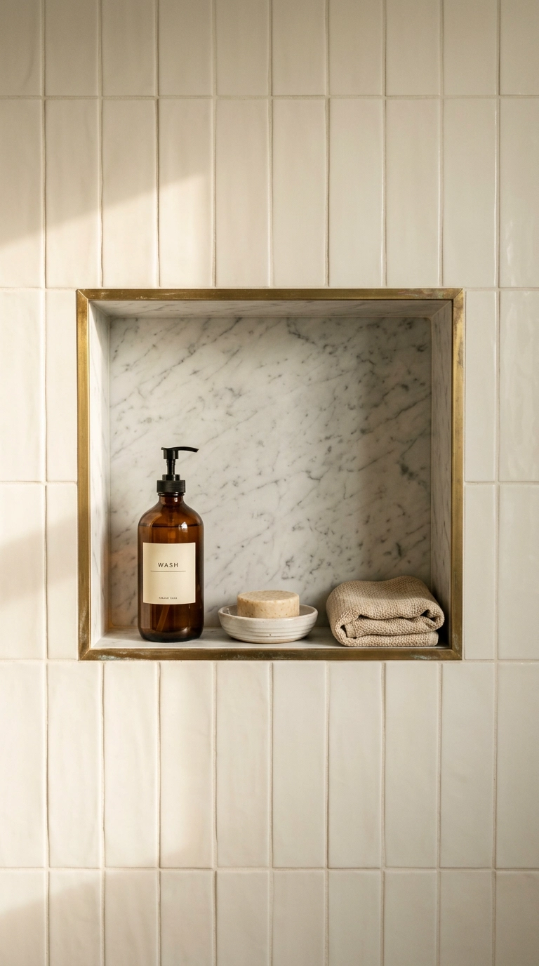 Recessed marble-lined shower niche with three toiletries in a tiled wet room