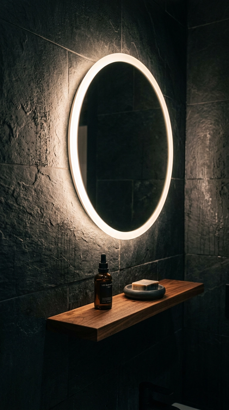 Round backlit demister mirror glowing on a dark slate tiled wall in a wet room