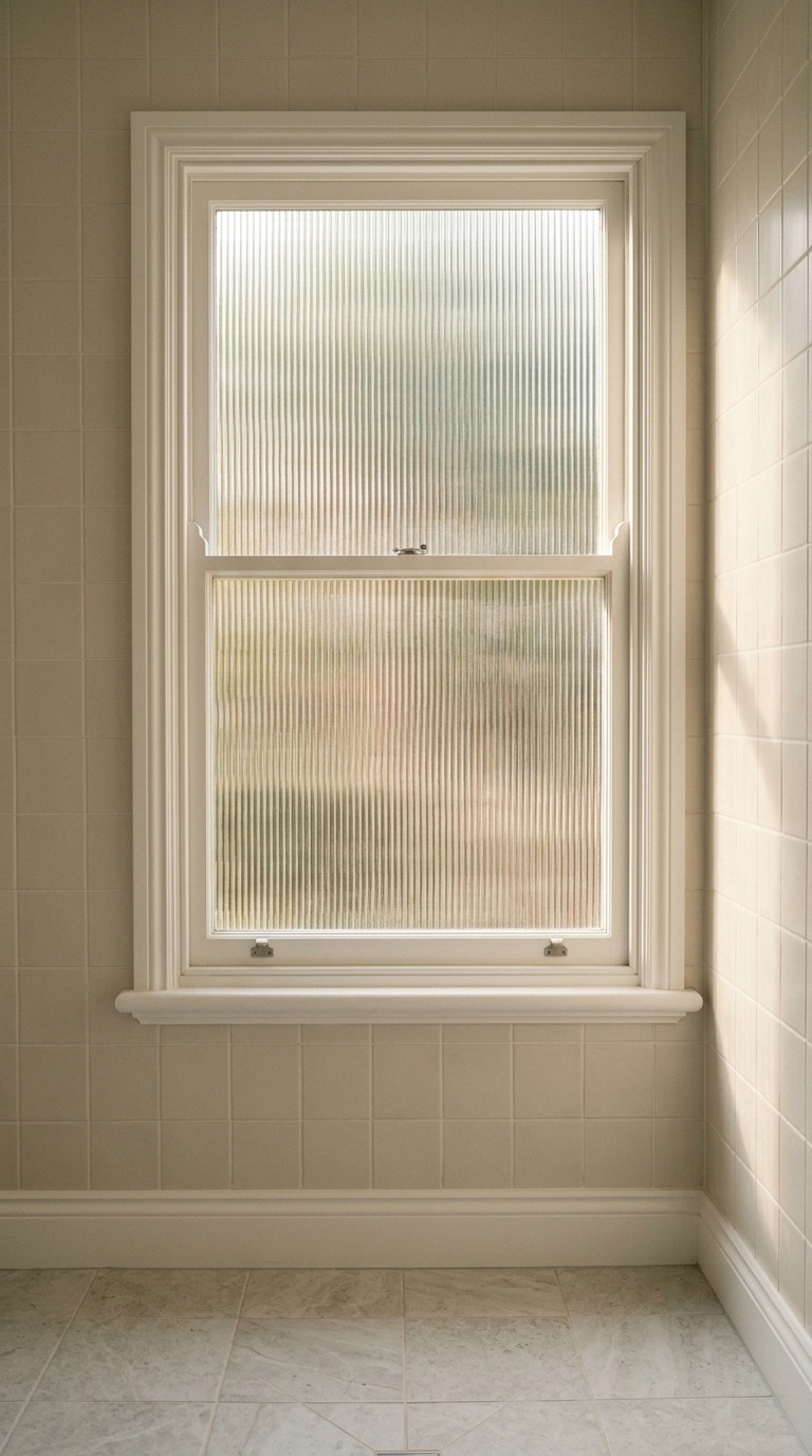 Fluted reeded glass window casting soft light bands in a tiled wet room