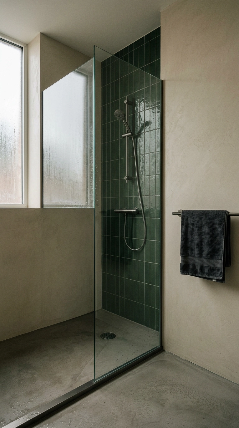 Frameless glass splash panel dividing a green tiled shower area in a wet room
