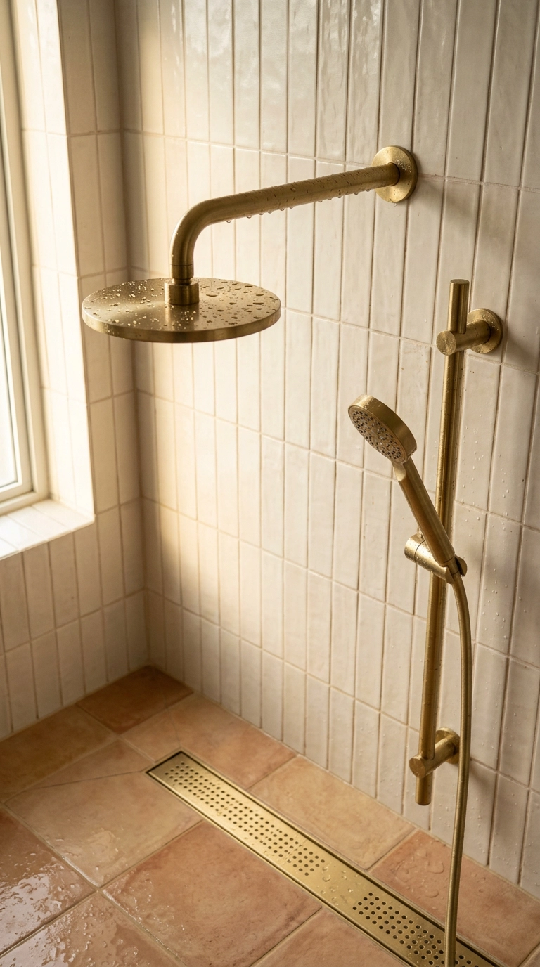 Brushed brass rain head and handheld shower against cream vertical tile in a wet room