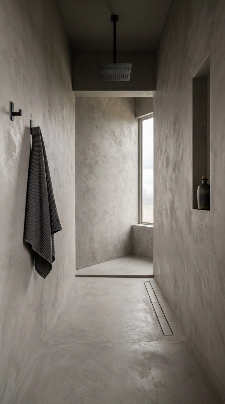Seamless mushroom grey microcement walls and floor in an open wet room