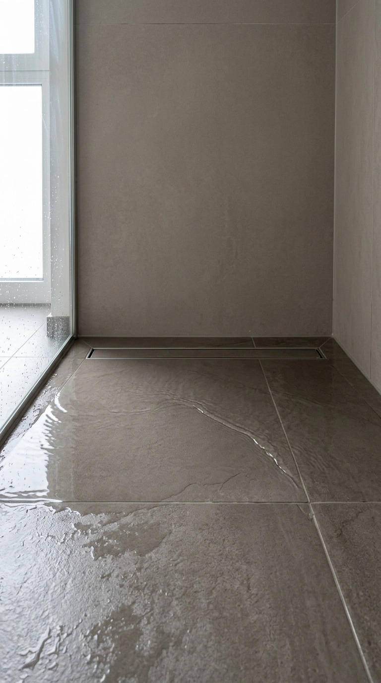 Tile-insert linear drain running along the wall of a grey porcelain wet room