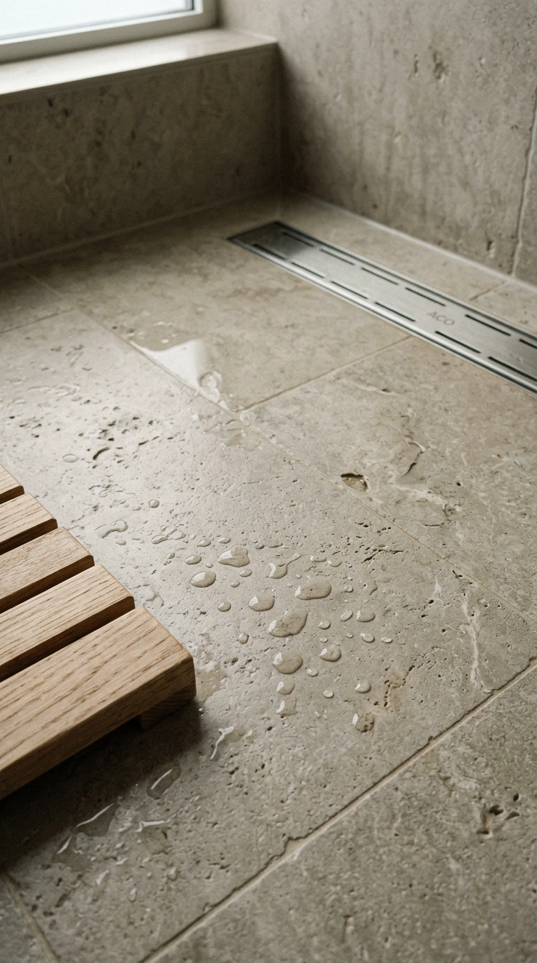 Close-up of honed textured limestone flooring sloping to a linear drain in a wet room
