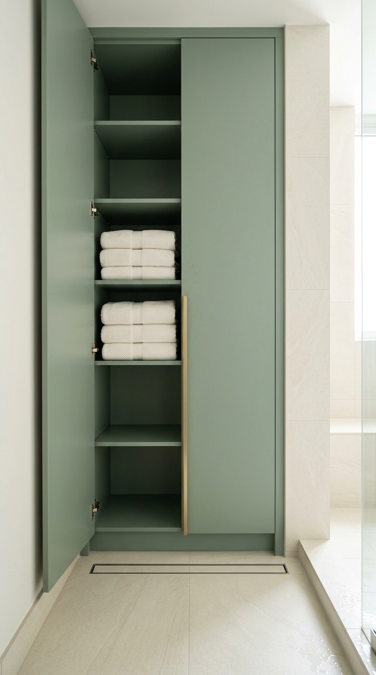 Sage green closed cabinet holding folded towels in a wet room