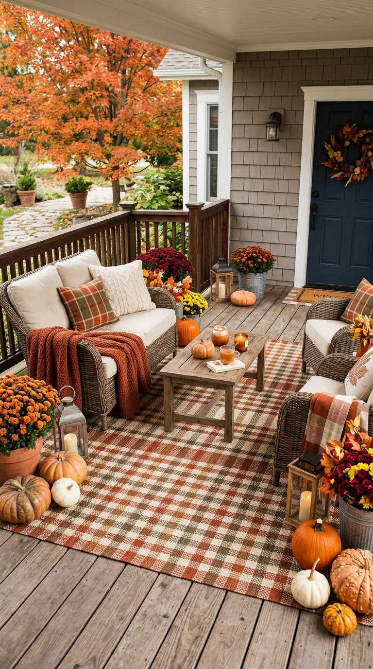 Gingham plaid outdoor rug styled on a cozy fall porch