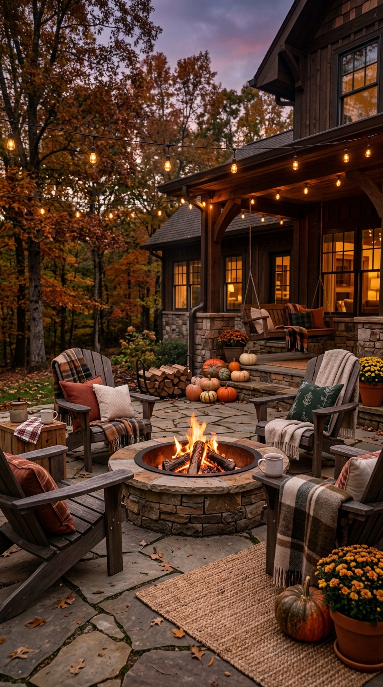 Cozy outdoor fire pit surrounded by seating for autumn evenings