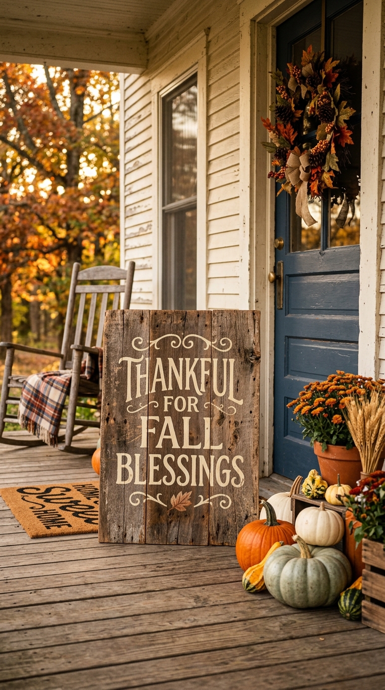 Rustic wooden fall sign displayed on a decorated front porch