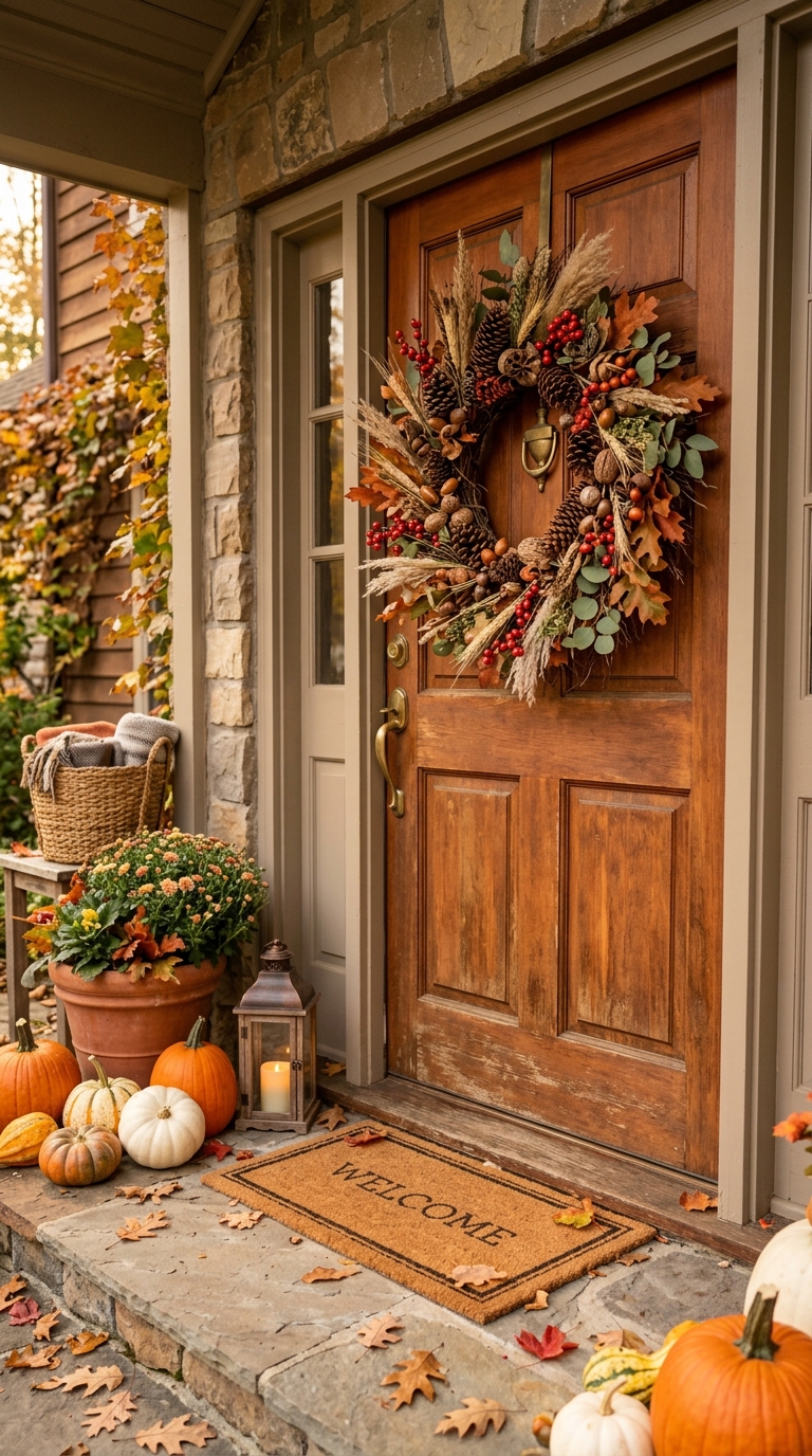 Natural autumn wreath with dried foliage, pinecones, and berries on front door