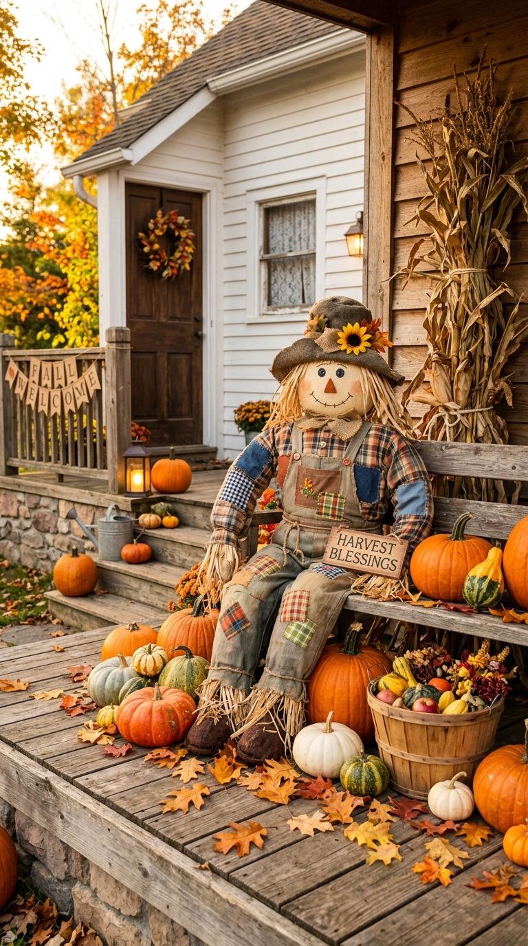 Whimsical scarecrow surrounded by pumpkins and cornstalks on fall porch