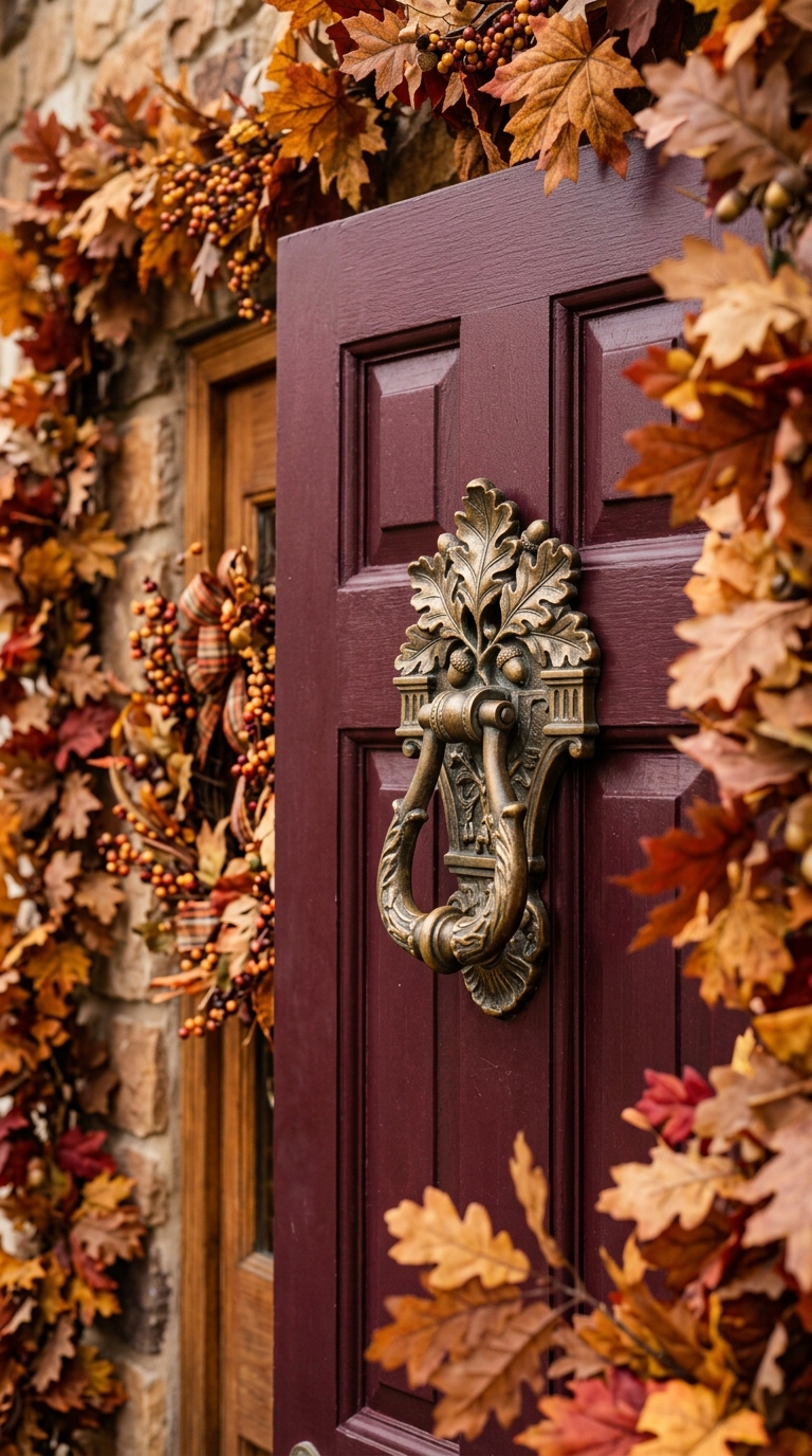 Decorative brass fall-themed door knocker with leaf and acorn details