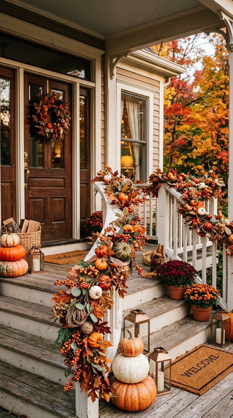 Autumn garland with berries, mini pumpkins, and dried leaves on porch railing