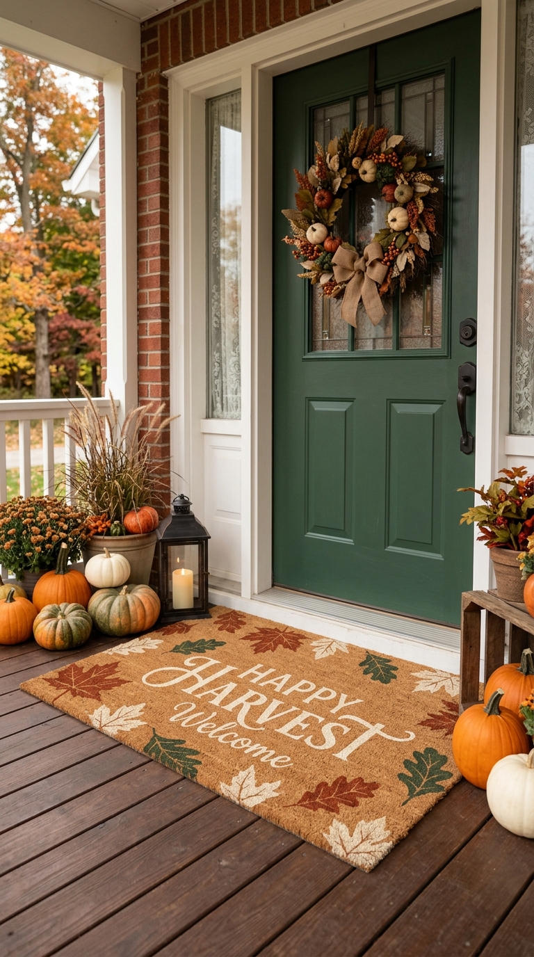 Fall-themed seasonal doormat welcoming guests at the front door
