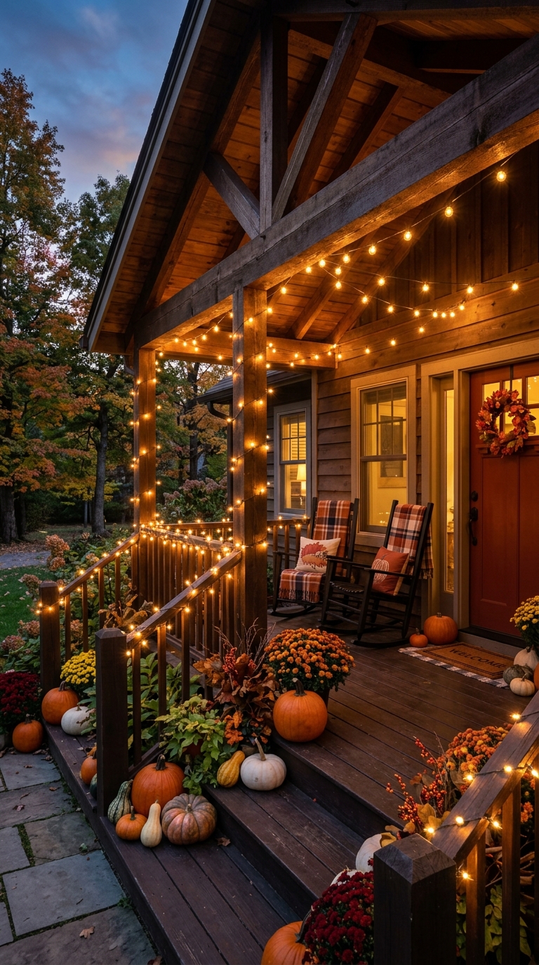 Warm white string lights glowing across a cozy fall porch at dusk