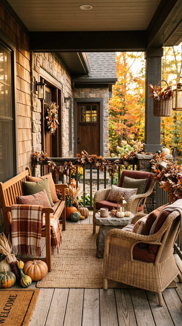 Earth-toned porch furniture with rust and olive cushions for fall