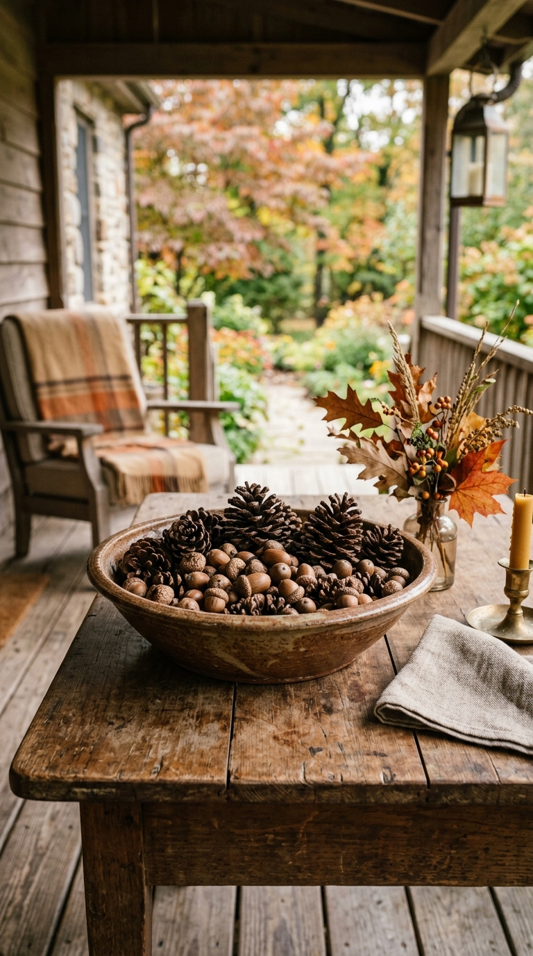 Natural pine cones and acorns arranged in a rustic bowl for fall decor