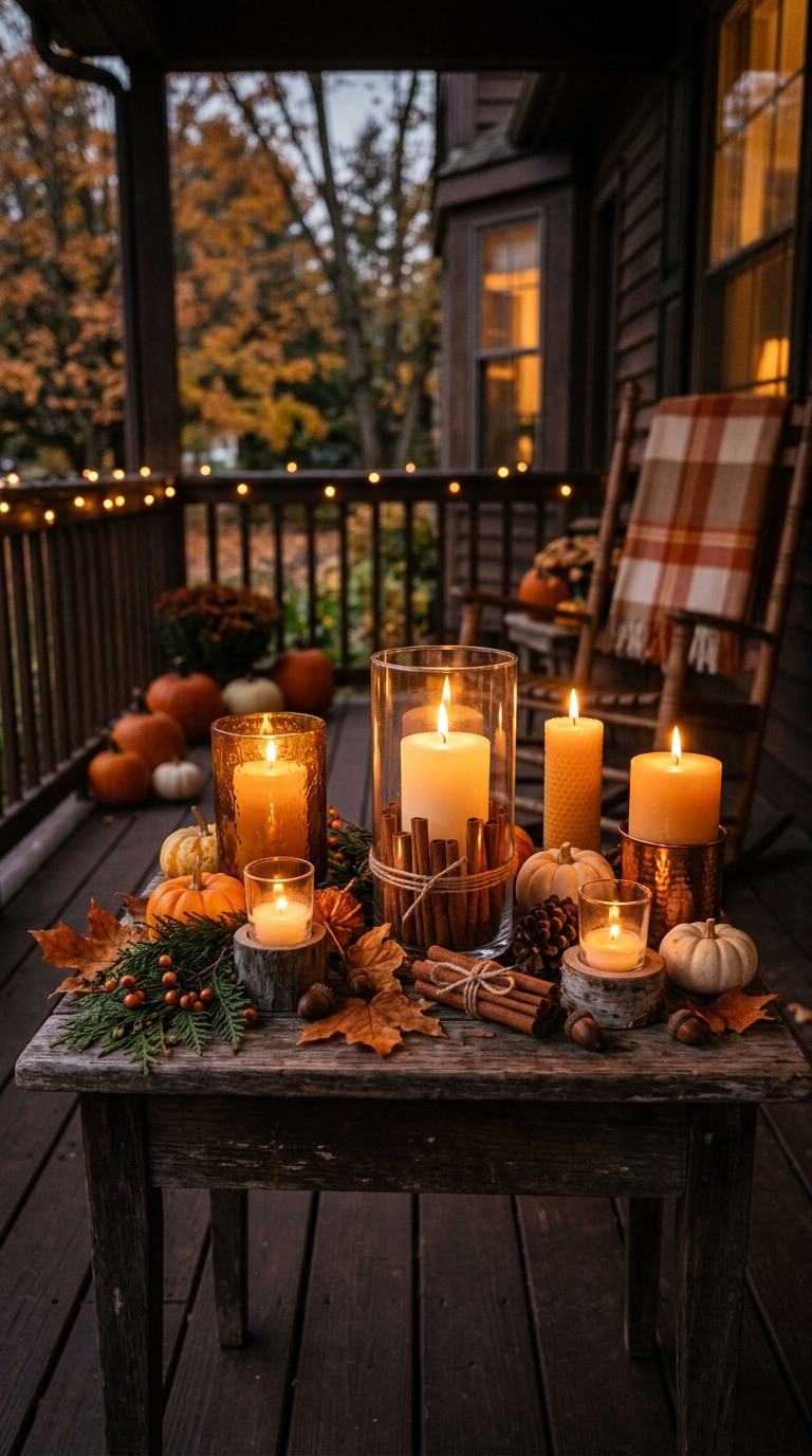 Cozy autumn candle arrangement on a front porch side table