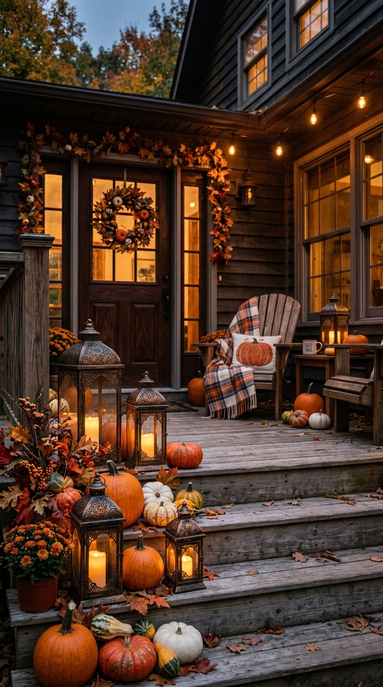 Warm glowing lanterns decorating porch steps for fall