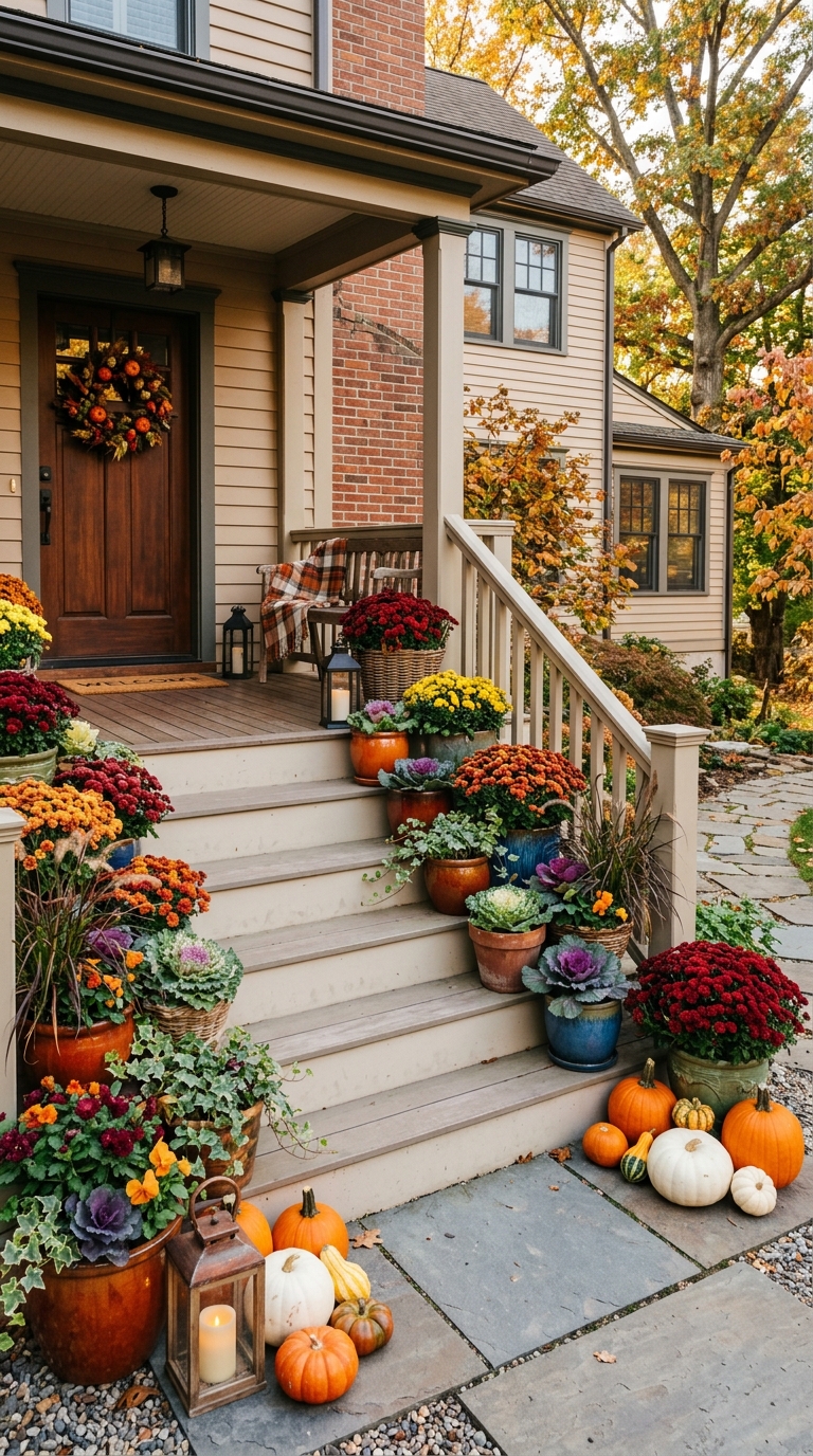 Colorful potted mums and ornamental kale decorating fall porch steps