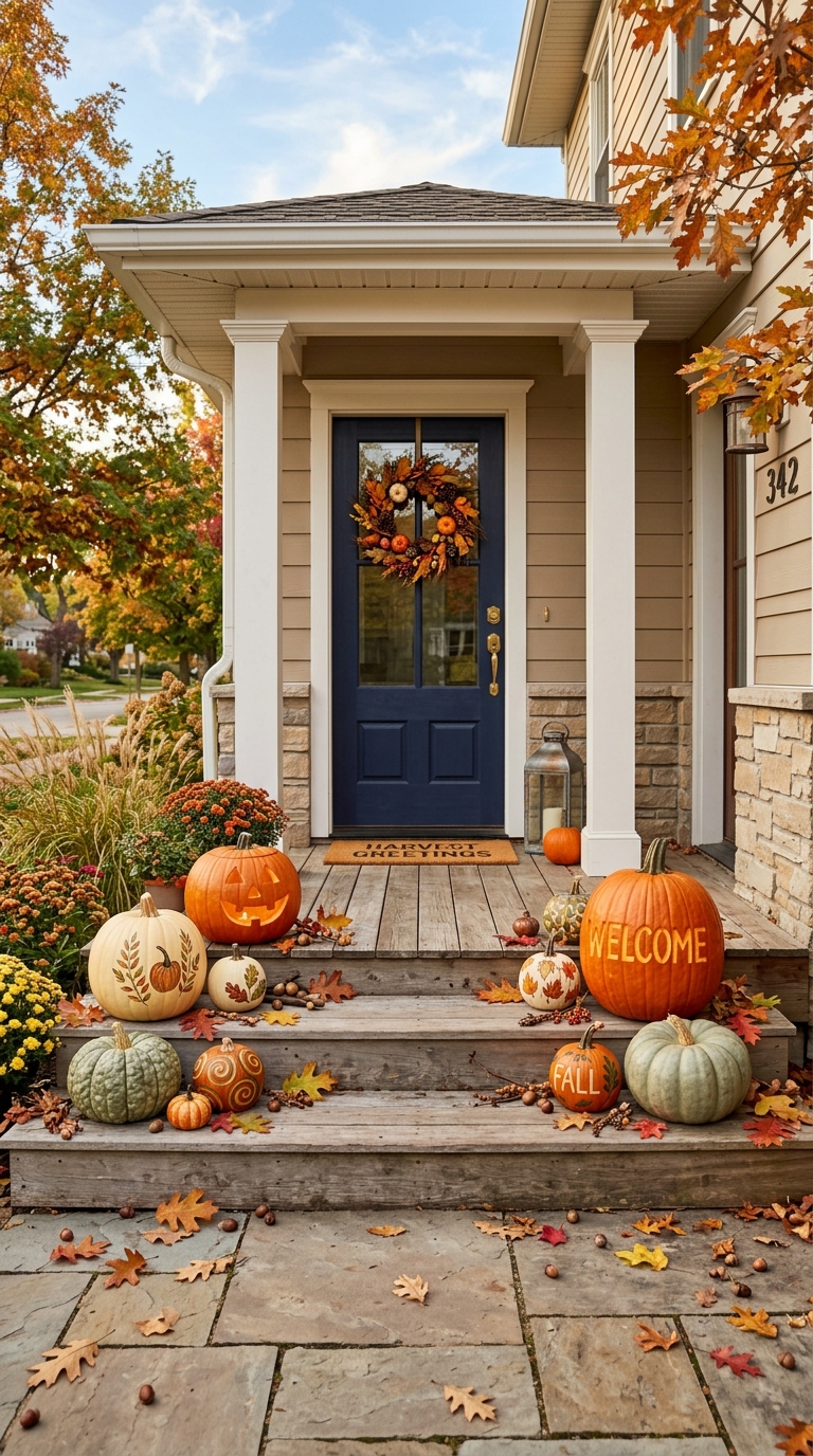 Front porch decorated with carved and painted pumpkins and autumn leaves