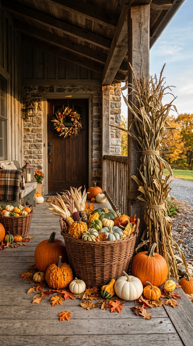 Rustic harvest baskets and cornstalks decorating a traditional fall porch