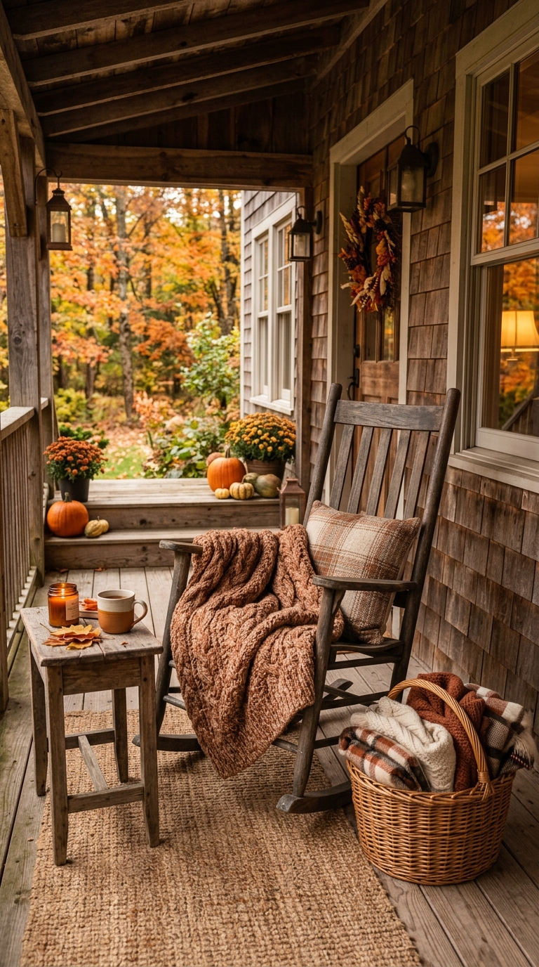 Cozy chunky knit throw blanket draped over fall porch seating