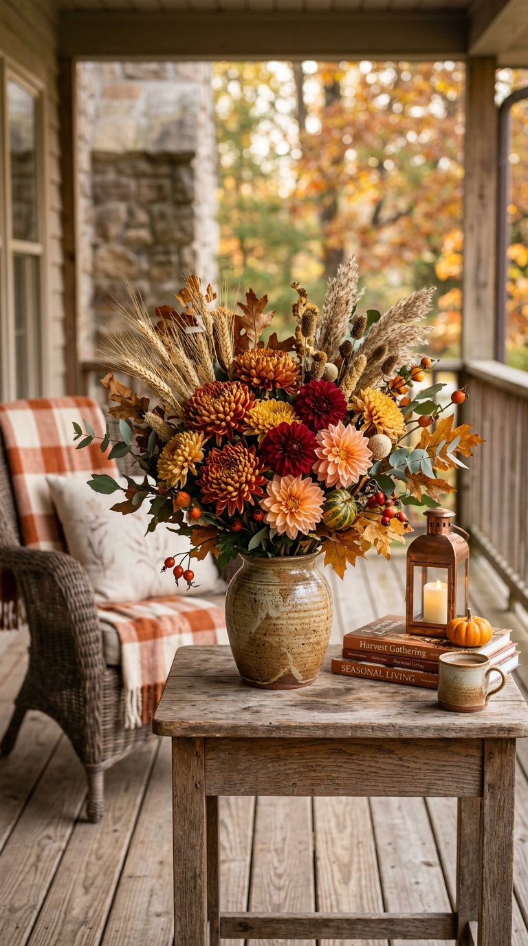 Harvest floral arrangement with mums, dahlias, dried wheat, and autumn greenery