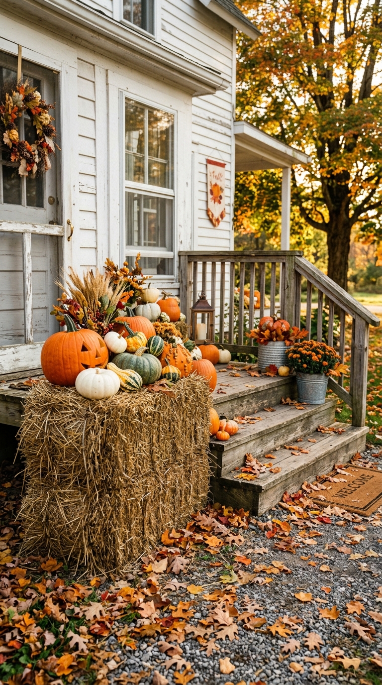 Rustic hay bales decorated with pumpkins on a fall porch