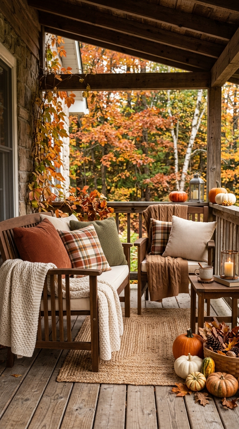 Layered plaid corduroy and knit cushions on cozy fall porch seating