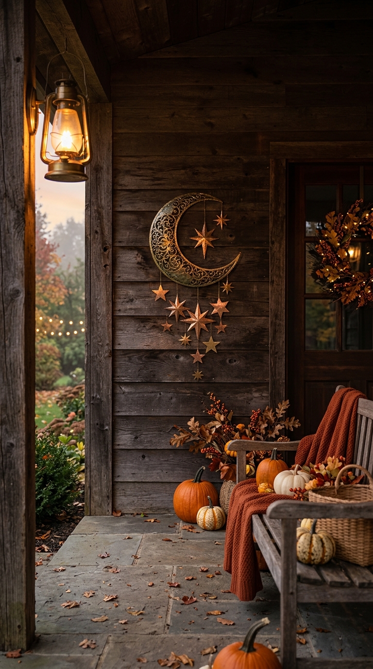Moon and star wall decorations creating a subtle autumn porch atmosphere