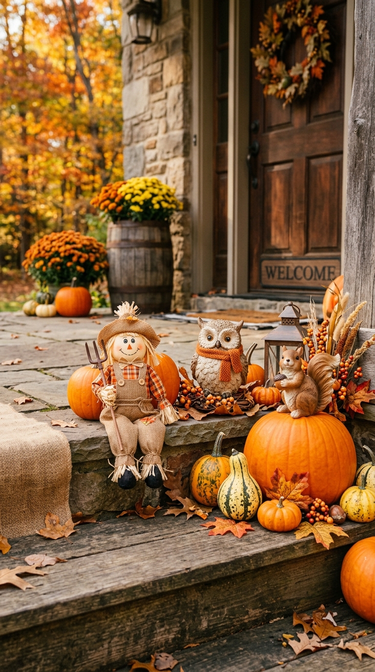 Whimsical harvest figurines arranged among pumpkins on fall porch steps
